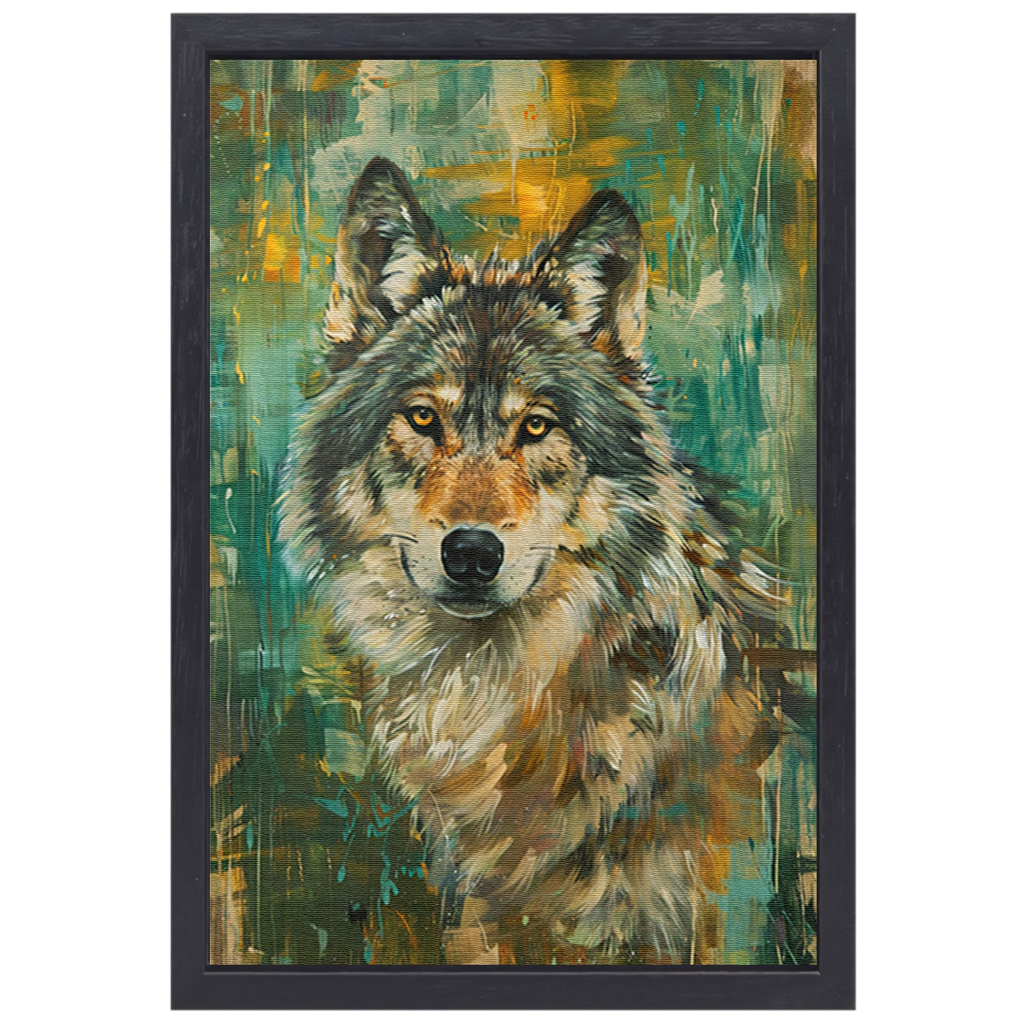 Elegante olieverfschilderij van een wolf op abstracte achtergrond canvas met baklijst