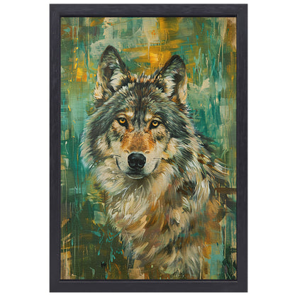 Elegante olieverfschilderij van een wolf op abstracte achtergrond canvas met baklijst