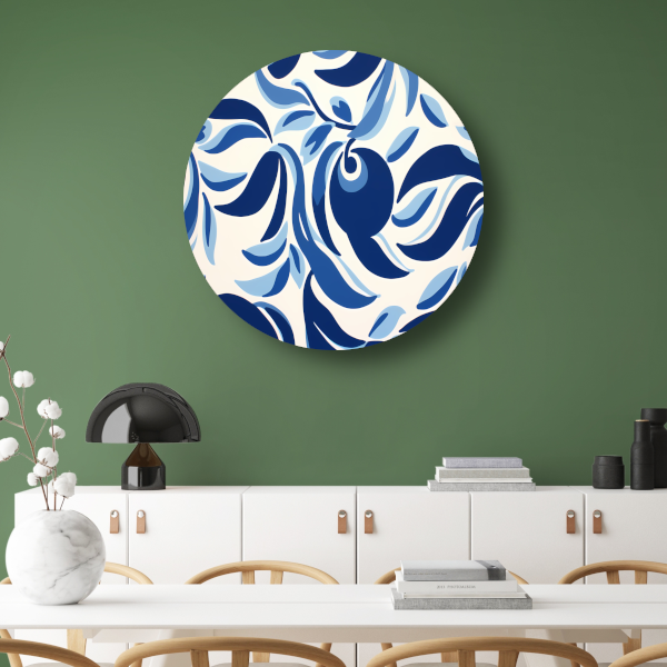Minimalistische lijnencompositie in blauw en wit aluminium muurcirkel