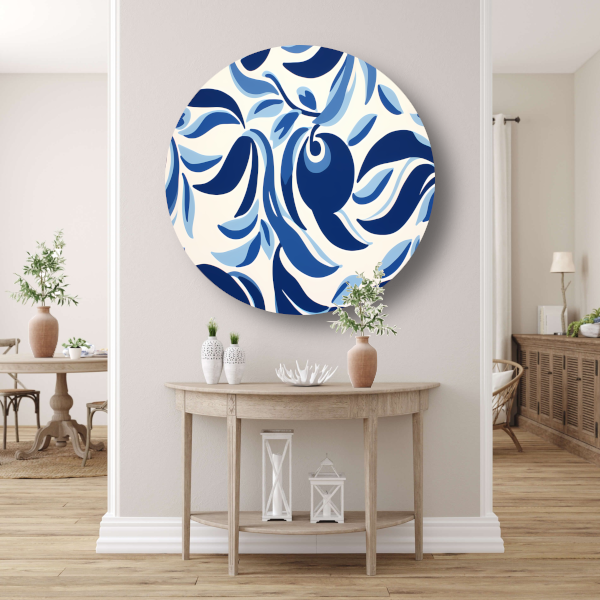 Minimalistische lijnencompositie in blauw en wit aluminium muurcirkel