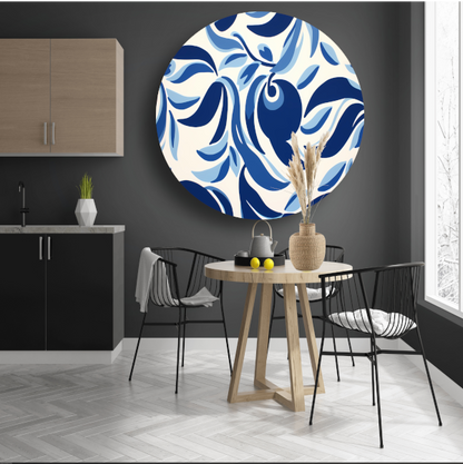 Minimalistische lijnencompositie in blauw en wit aluminium muurcirkel