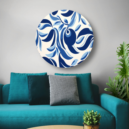 Minimalistische lijnencompositie in blauw en wit aluminium muurcirkel