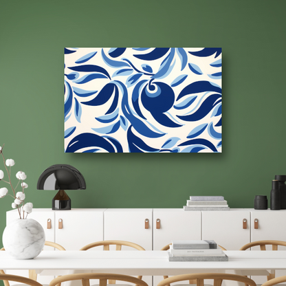 Minimalistische lijnencompositie in blauw en wit canvas met baklijst