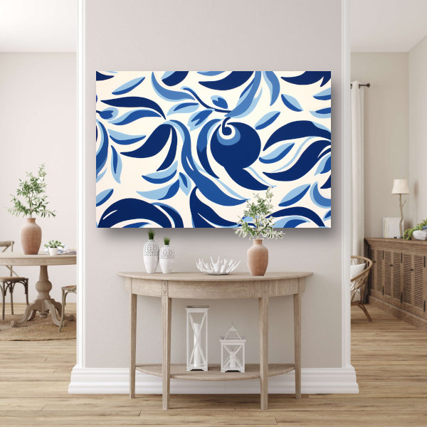 Minimalistische lijnencompositie in blauw en wit canvas met baklijst