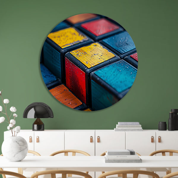 Kubus compositie in primaire kleuren aluminium muurcirkel