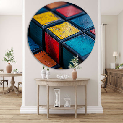 Kubus compositie in primaire kleuren aluminium muurcirkel
