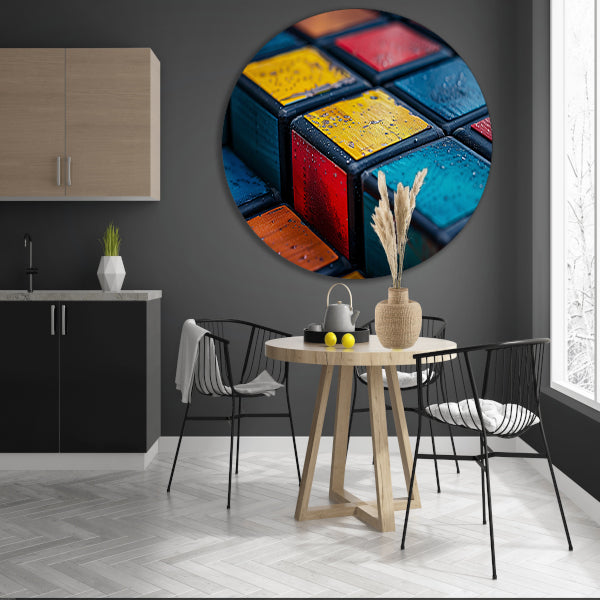 Kubus compositie in primaire kleuren aluminium muurcirkel
