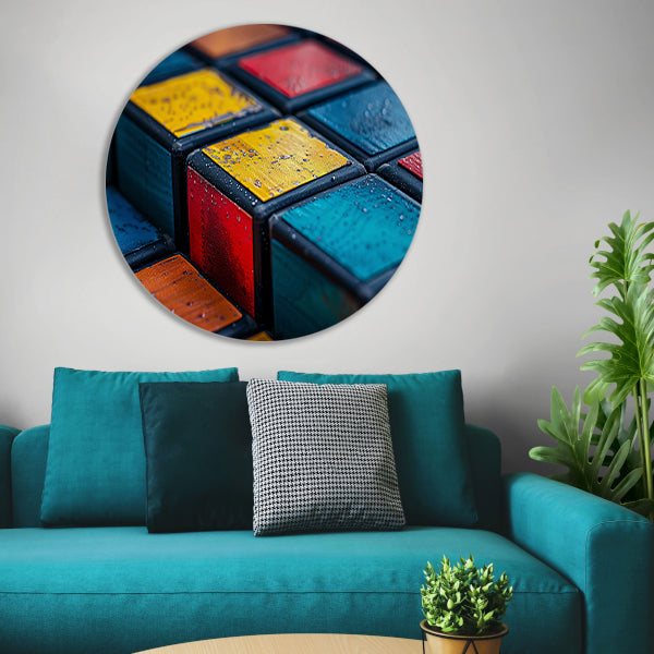 Kubus compositie in primaire kleuren aluminium muurcirkel