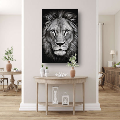 De Monochrome Blik van de Majestueuze Leeuw canvas met baklijst