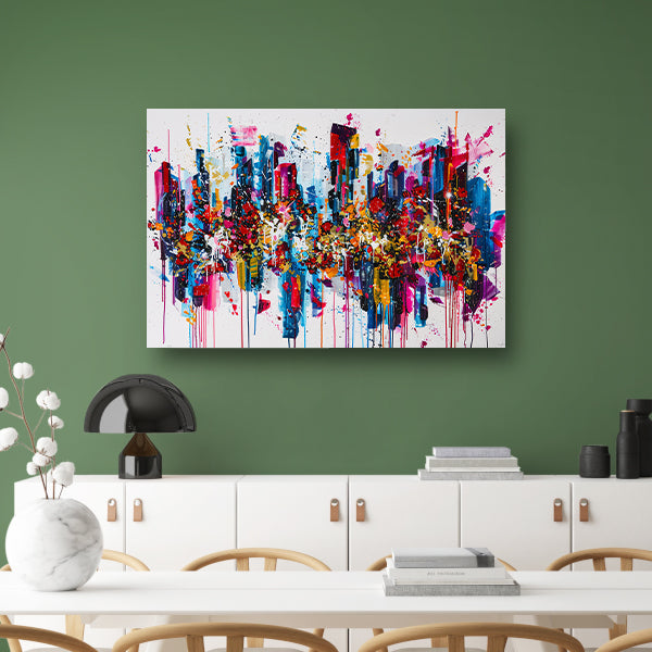 Abstract kleurrijk stadsgezicht met verfspatten poster