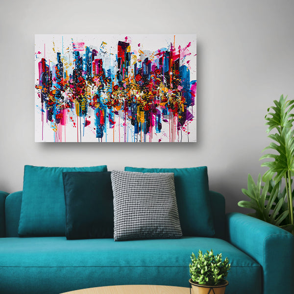 Abstract kleurrijk stadsgezicht met verfspatten poster