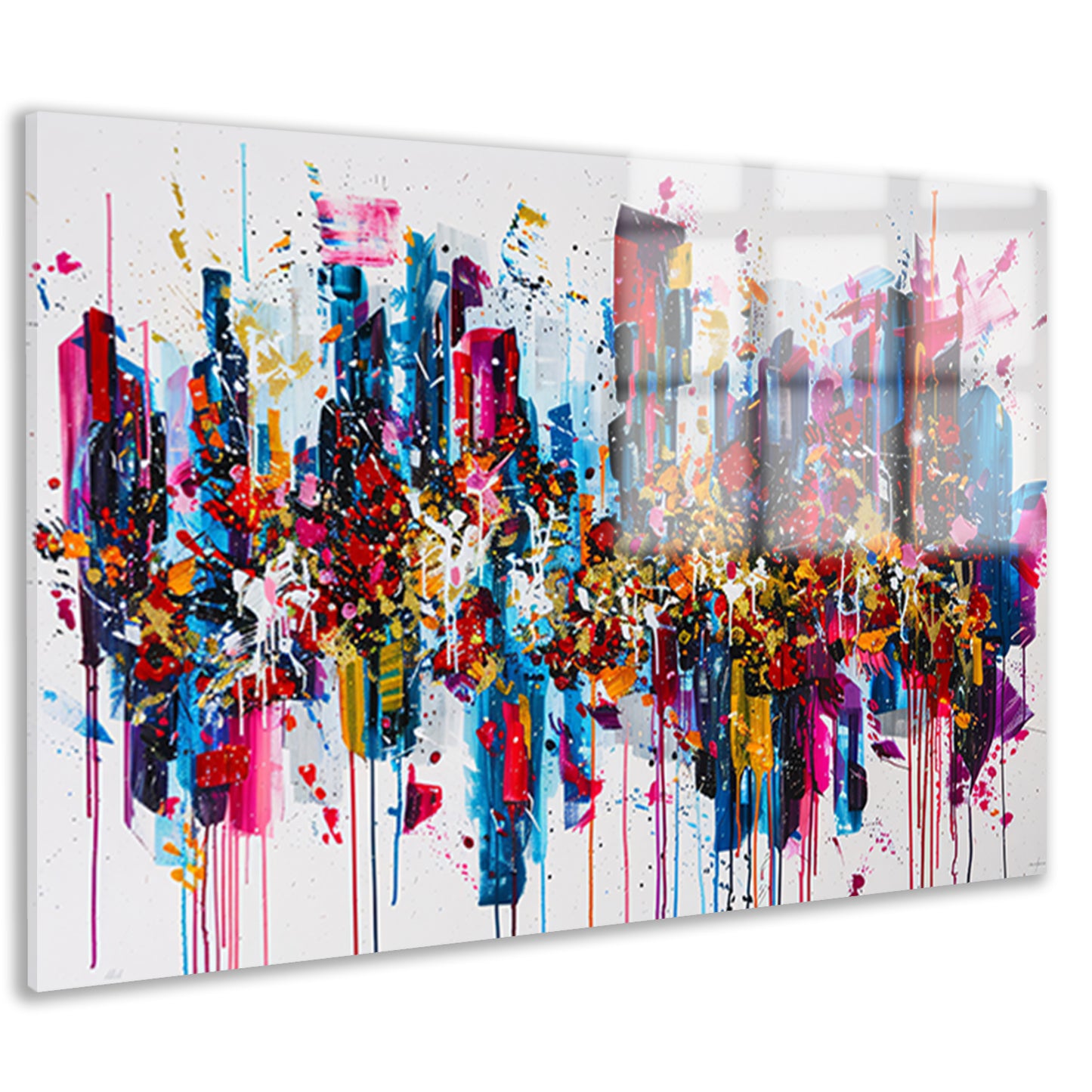 Abstract kleurrijk stadsgezicht met verfspatten acrylglas