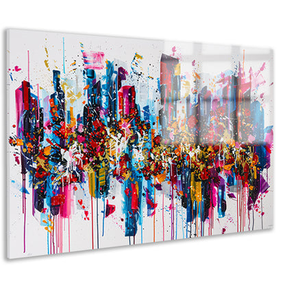 Abstract kleurrijk stadsgezicht met verfspatten acrylglas
