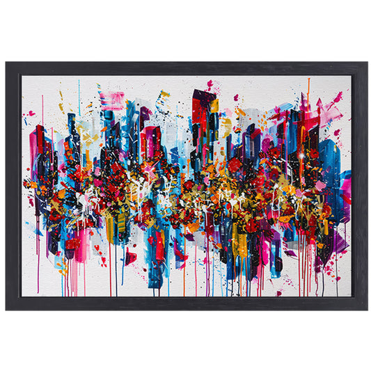 Abstract kleurrijk stadsgezicht met verfspatten canvas met baklijst