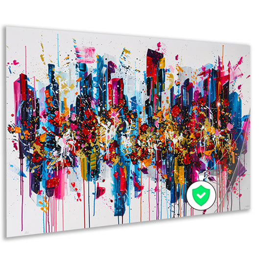 Abstract kleurrijk stadsgezicht met verfspatten poster