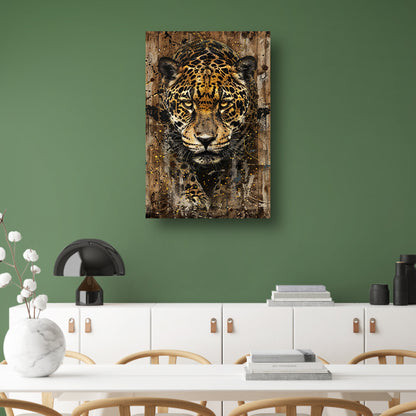 Dynamisch jaguar kunstwerk op houten achtergrond acrylglas