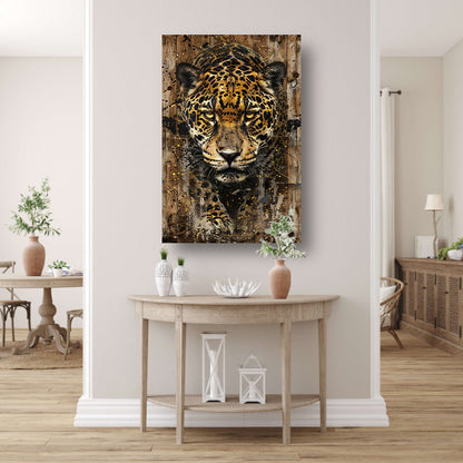 Dynamisch jaguar kunstwerk op houten achtergrond acrylglas