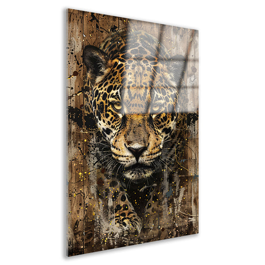 Dynamisch jaguar kunstwerk op houten achtergrond acrylglas