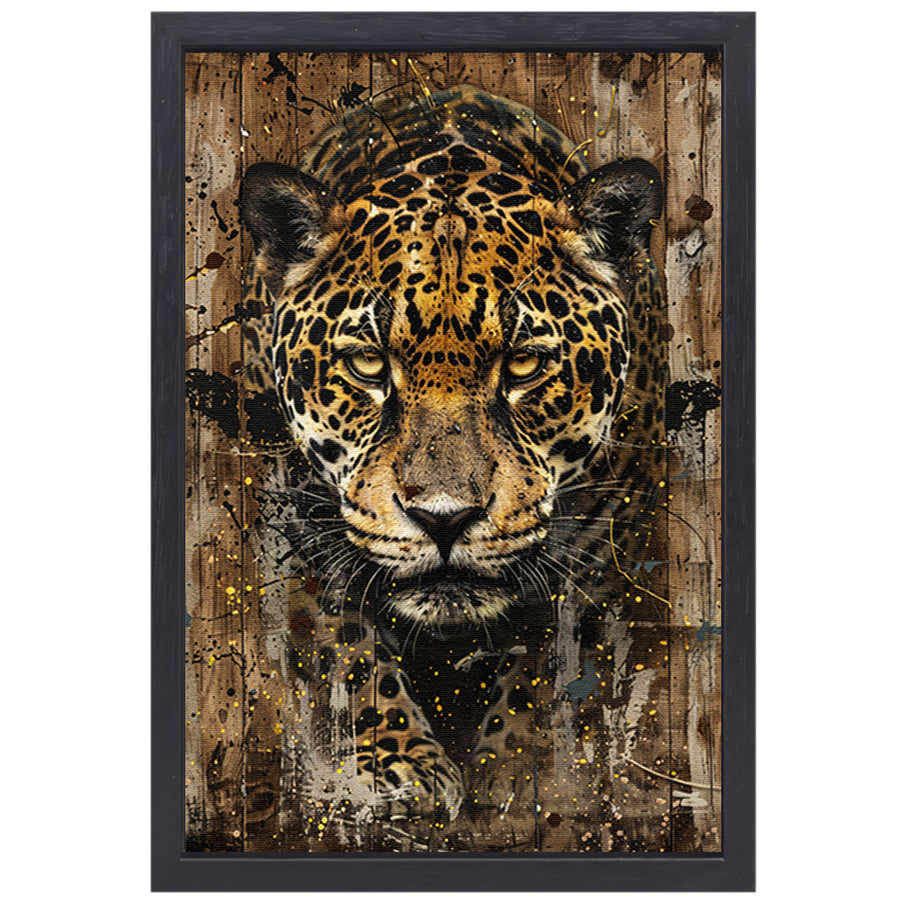 Dynamisch jaguar kunstwerk op houten achtergrond canvas met baklijst