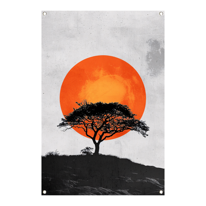 Minimalistische boom en zon in krachtige contrasten tuinposter