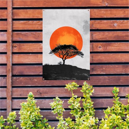 Minimalistische boom en zon in krachtige contrasten tuinposter