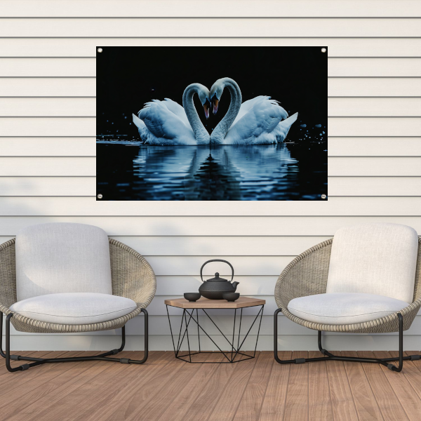 Twee zwanen in hartvorm op water tuinposter