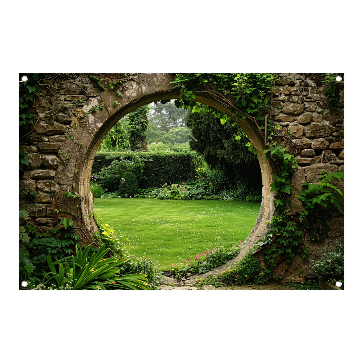 Oude stenen boog met zicht op groene, bloemrijke tuin tuinposter