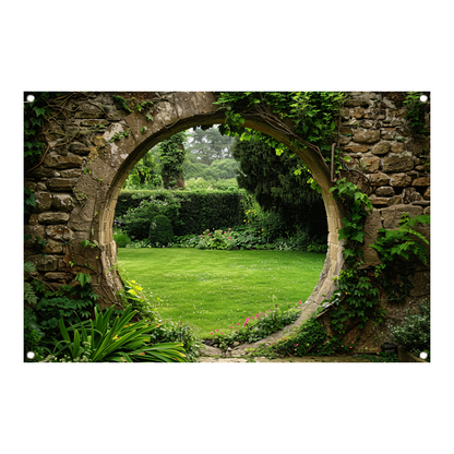 Oude stenen boog met zicht op groene, bloemrijke tuin tuinposter