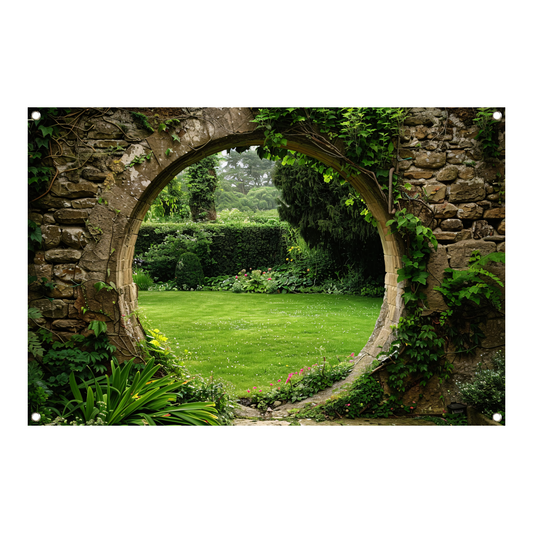 Oude stenen boog met zicht op groene, bloemrijke tuin tuinposter