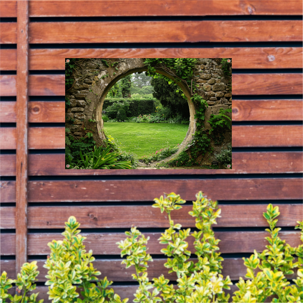 Oude stenen boog met zicht op groene, bloemrijke tuin tuinposter