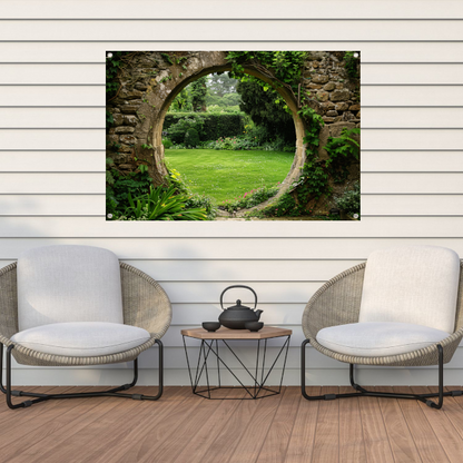 Oude stenen boog met zicht op groene, bloemrijke tuin tuinposter