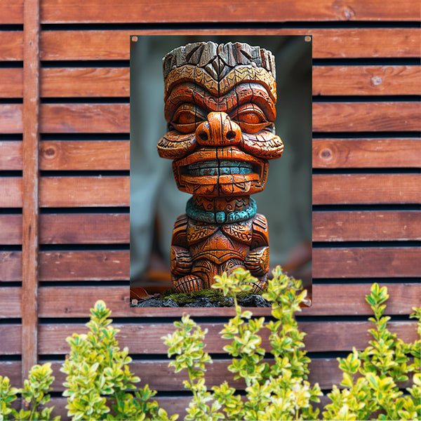 Handgemaakte Tiki Tovenaar met Levendige Kleuren tuinposter