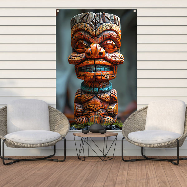 Handgemaakte Tiki Tovenaar met Levendige Kleuren tuinposter