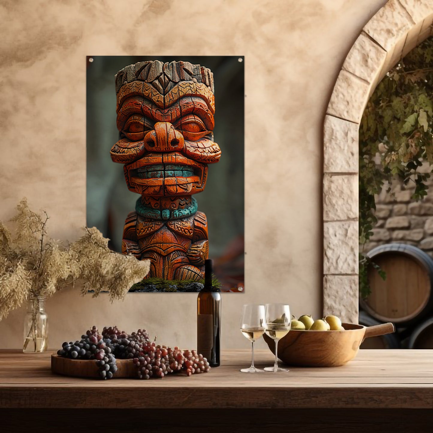 Handgemaakte Tiki Tovenaar met Levendige Kleuren tuinposter