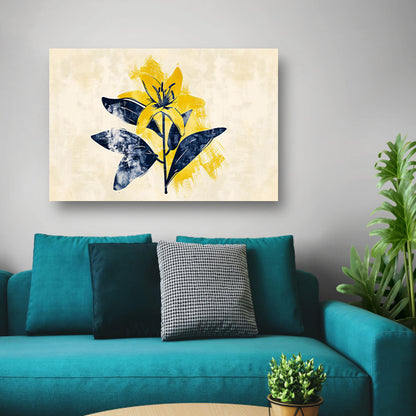 Minimalistische gele bloem met blauwe bladeren poster
