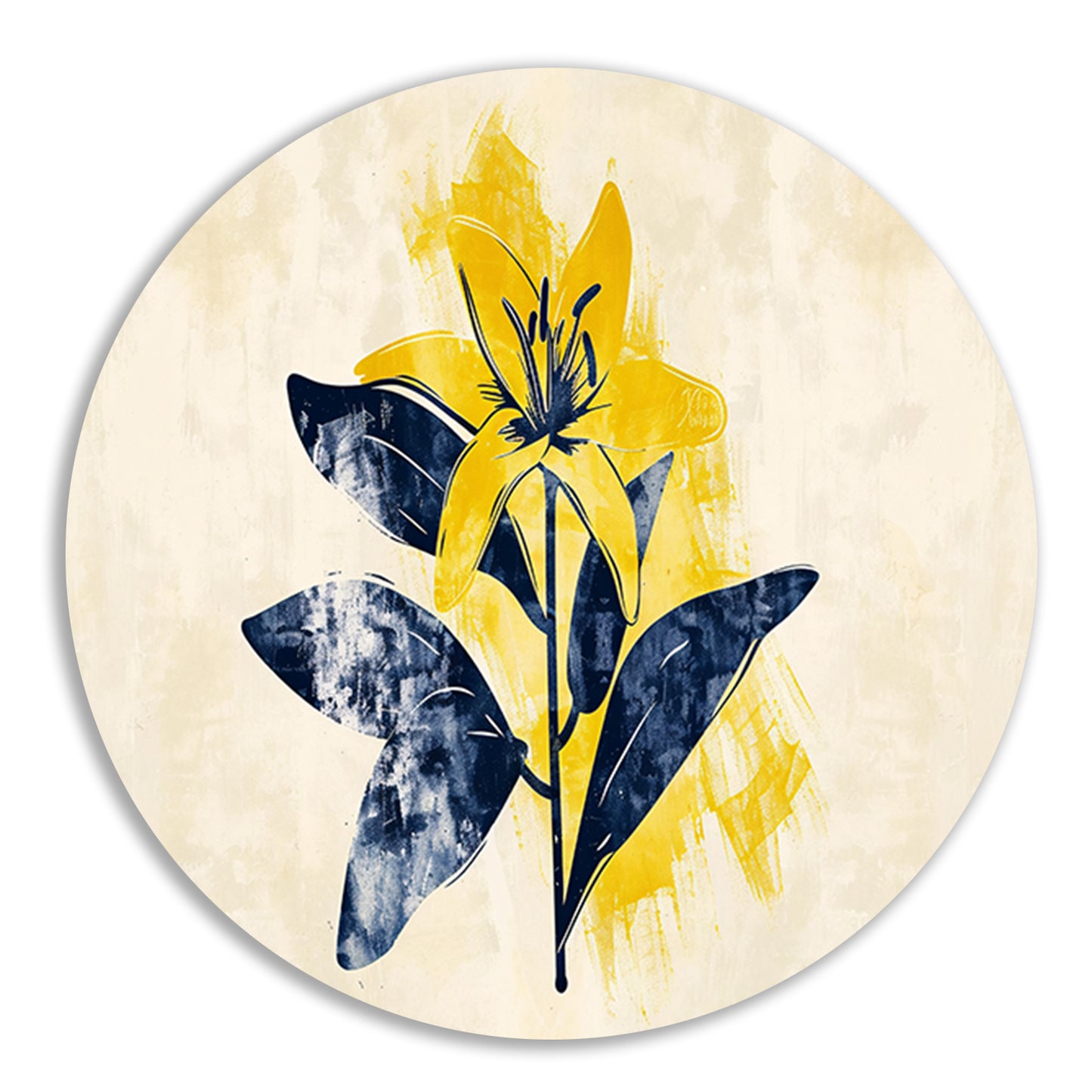 Minimalistische gele bloem met blauwe bladeren aluminium muurcirkel