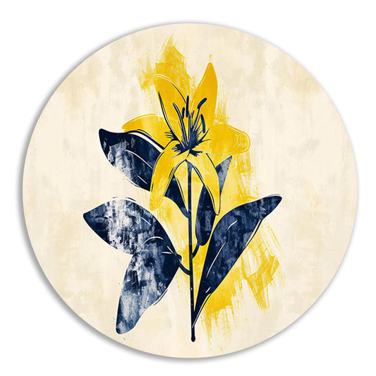 Minimalistische gele bloem met blauwe bladeren aluminium muurcirkel