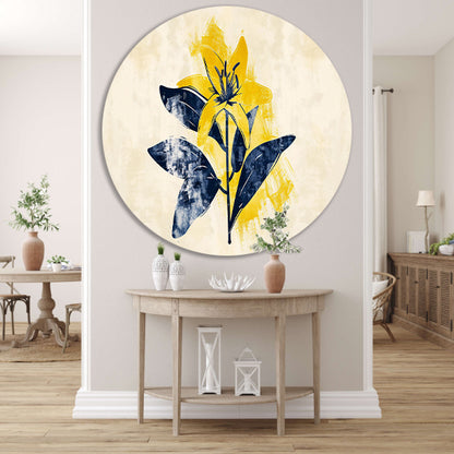 Minimalistische gele bloem met blauwe bladeren aluminium muurcirkel