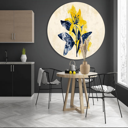 Minimalistische gele bloem met blauwe bladeren aluminium muurcirkel