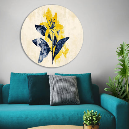 Minimalistische gele bloem met blauwe bladeren aluminium muurcirkel