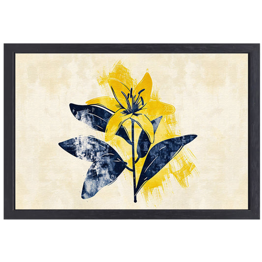 Minimalistische gele bloem met blauwe bladeren canvas met baklijst