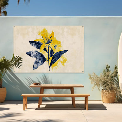 Minimalistische gele bloem met blauwe bladeren tuinposter