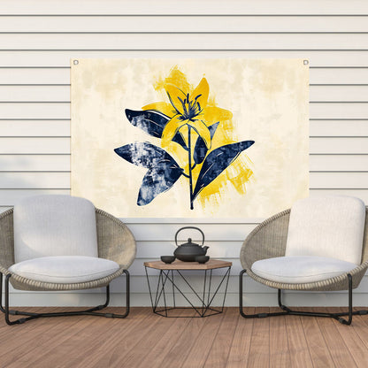 Minimalistische gele bloem met blauwe bladeren tuinposter