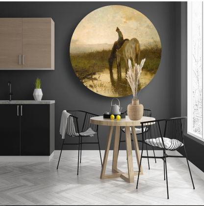 Drinkende paarden - Anton Mauve aluminium muurcirkel