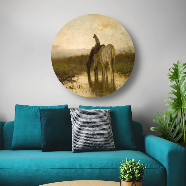 Drinkende paarden - Anton Mauve aluminium muurcirkel