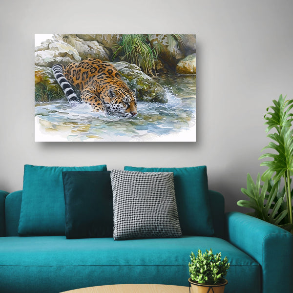 Realistische aquarel van een jaguar in water canvas