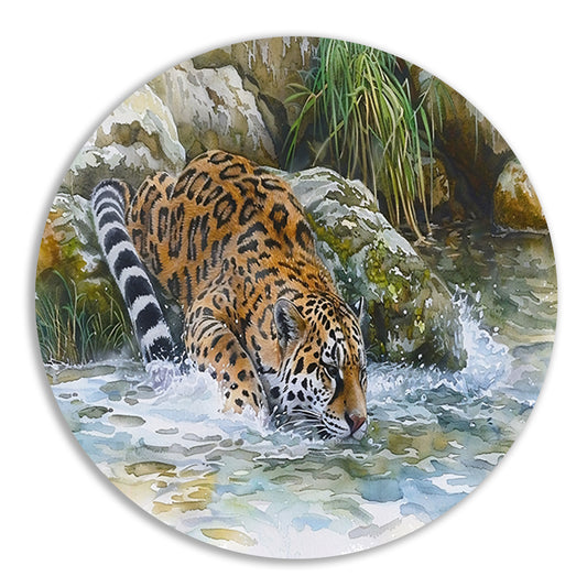 Realistische aquarel van een jaguar in water forex muurcirkel