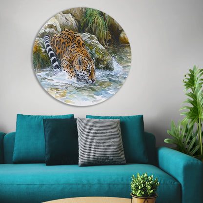 Realistische aquarel van een jaguar in water forex muurcirkel