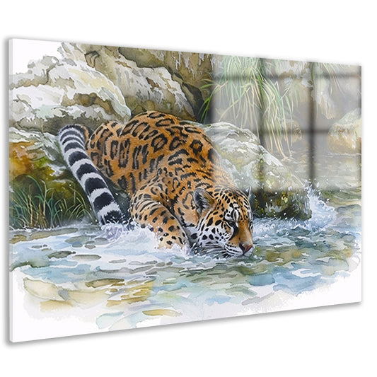 Realistische aquarel van een jaguar in water acrylglas