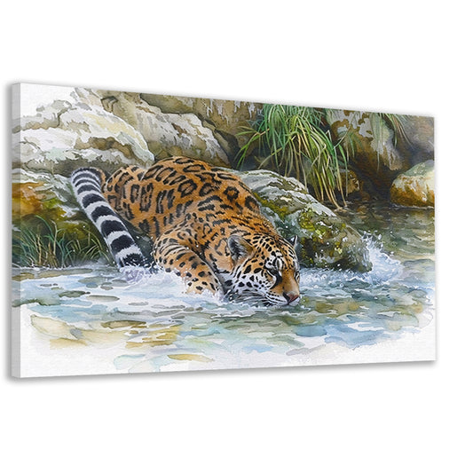 Realistische aquarel van een jaguar in water canvas